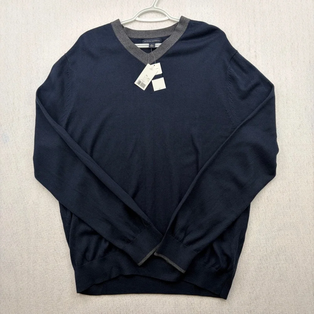 Banana Republic Men XL Navy Blue Silk Cotton Cashmere V-Neck Sweater 606323-01-1